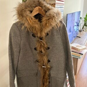 Maje Gray Coat with Brown Fur Trim